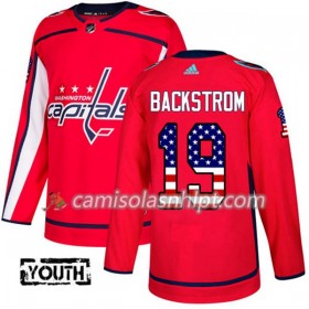 Camisola Washington Capitals Nicklas Backstrom 19 Adidas 2017-2018 Vermelho USA Flag Fashion Authentic - Criança